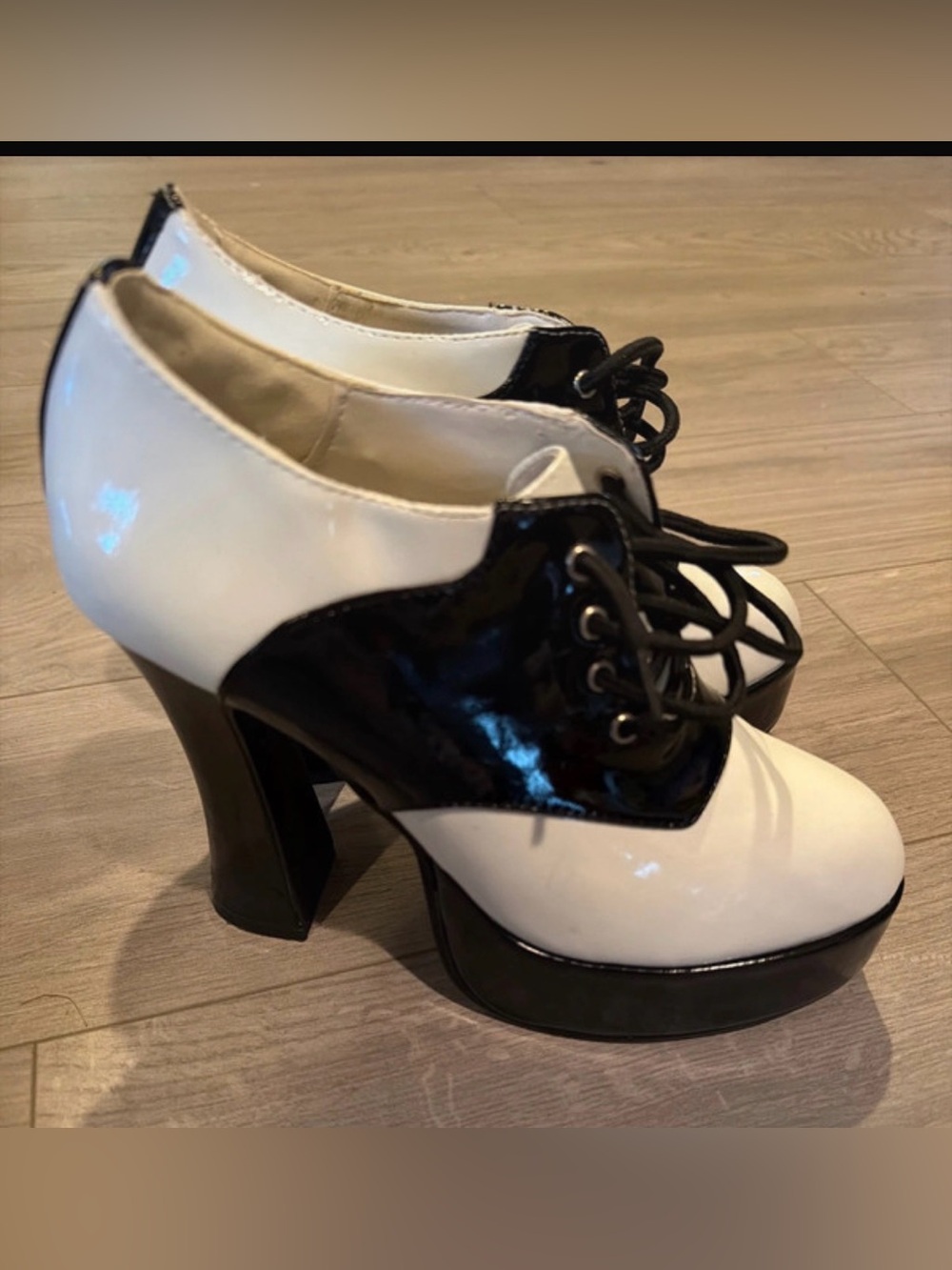 Ellie Black and White Patent Platform Lace-Up Heels, “saddle shoes” sz 8